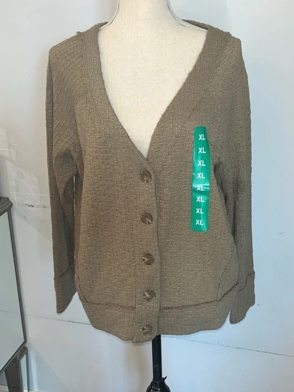 Cozy V-Neck Button Front Sweater Cardigan - Taupe, XL